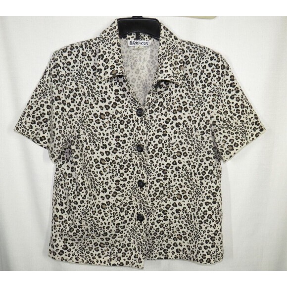 Vintage Briggs Women's Leopard Print Woven Button Up Short Sleeve Top Size M - Picture 2 of 11
